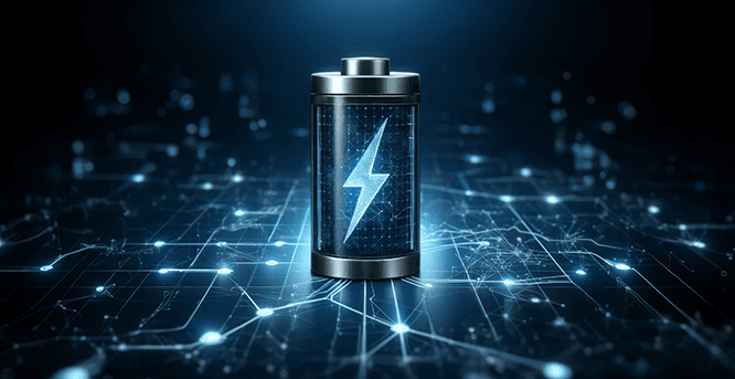 Illustration futuriste d'une batterie chargée avec un éclair lumineux, entourée d'un réseau numérique connecté